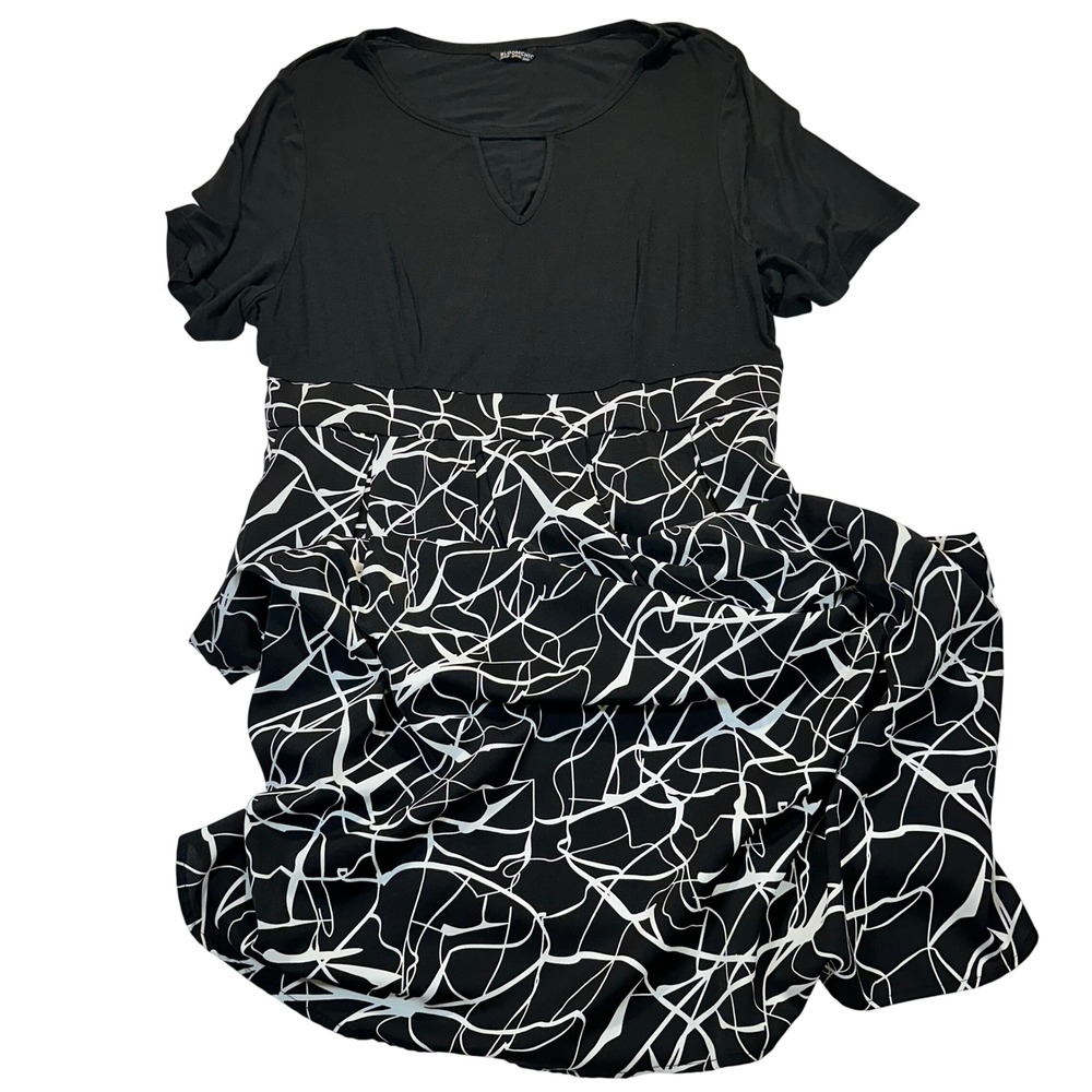 Bloomchic Women Black White Abstract Print Keyhole Midi Dress US 18-20 Flowy